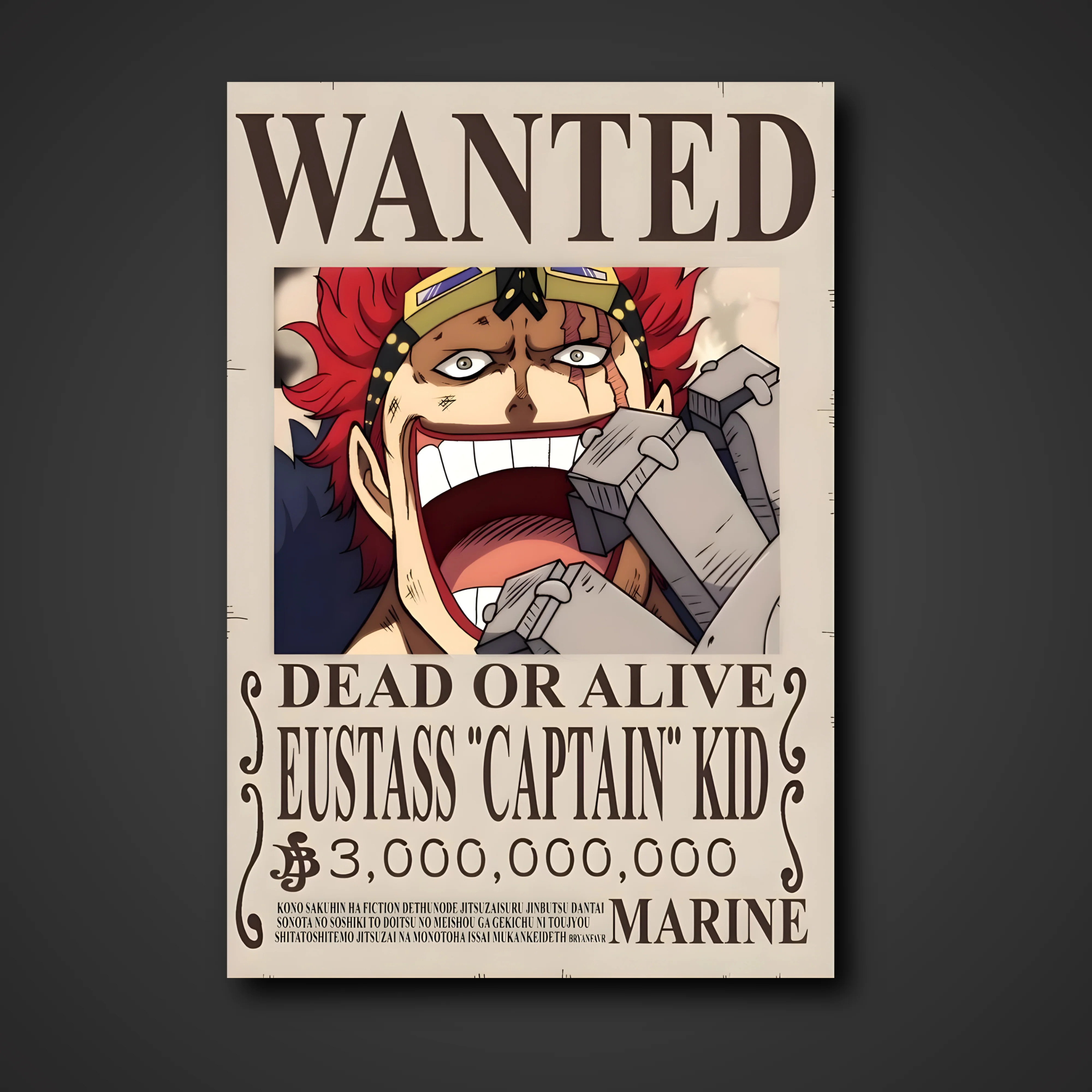 Eustass "Captain" Kid 3,000,000,000 Berry Bounty Poster - A3 & A4 One Piece Wall Art