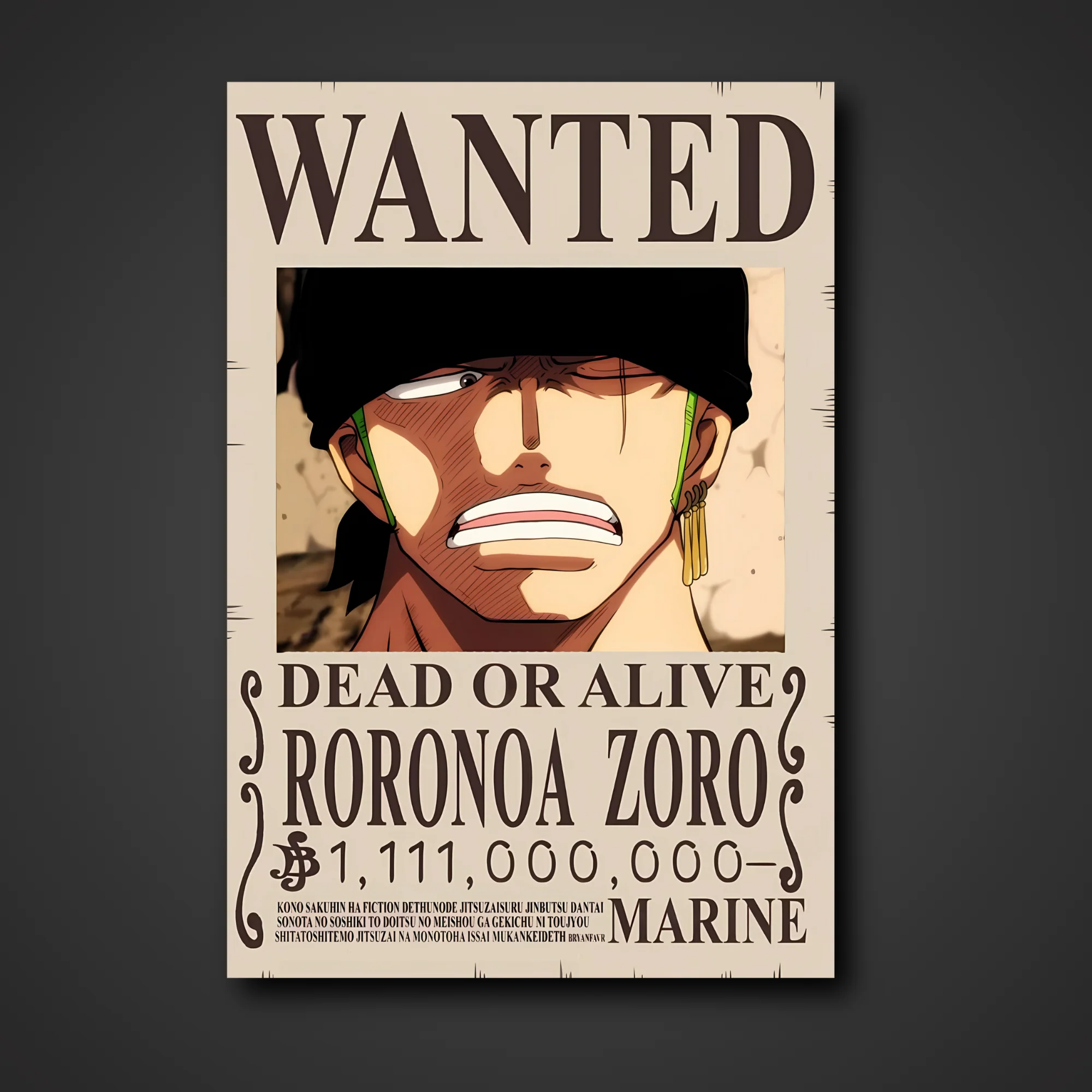 Roronoa Zoro 1.111 Billion Berry Bounty Poster - A3 & A4 One Piece Wall Art