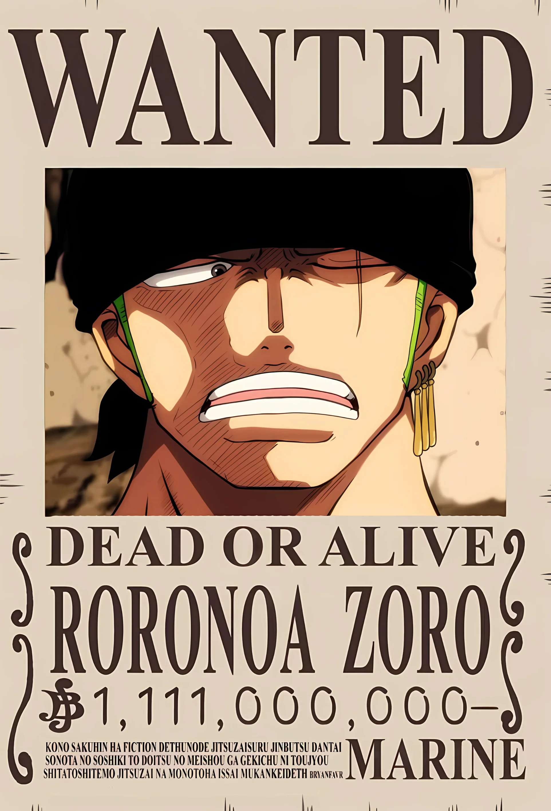 Roronoa Zoro 1.111 Billion Berry Bounty Poster - A3 & A4 One Piece Wall Art - Image 2